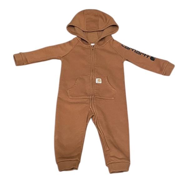 Carhartt Baby Boys Long Sleeve Zip Front Hooded Fleece Coveralls Brown 9 Months - Picture 1 of 5